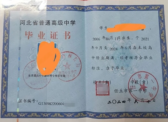 黔江任丘市第一中学高中毕业证样本图片